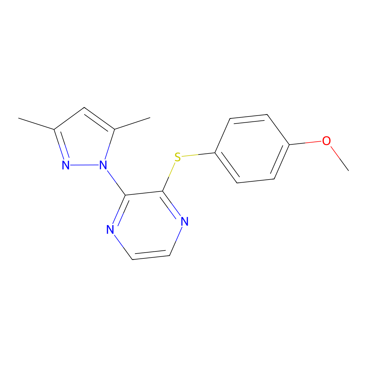 2-(3,5-dimethyl-1H-pyrazol-1-yl)-3-[(4-methoxyphenyl)sulfanyl]pyrazine molecular structure, CAS 2549051-72-9