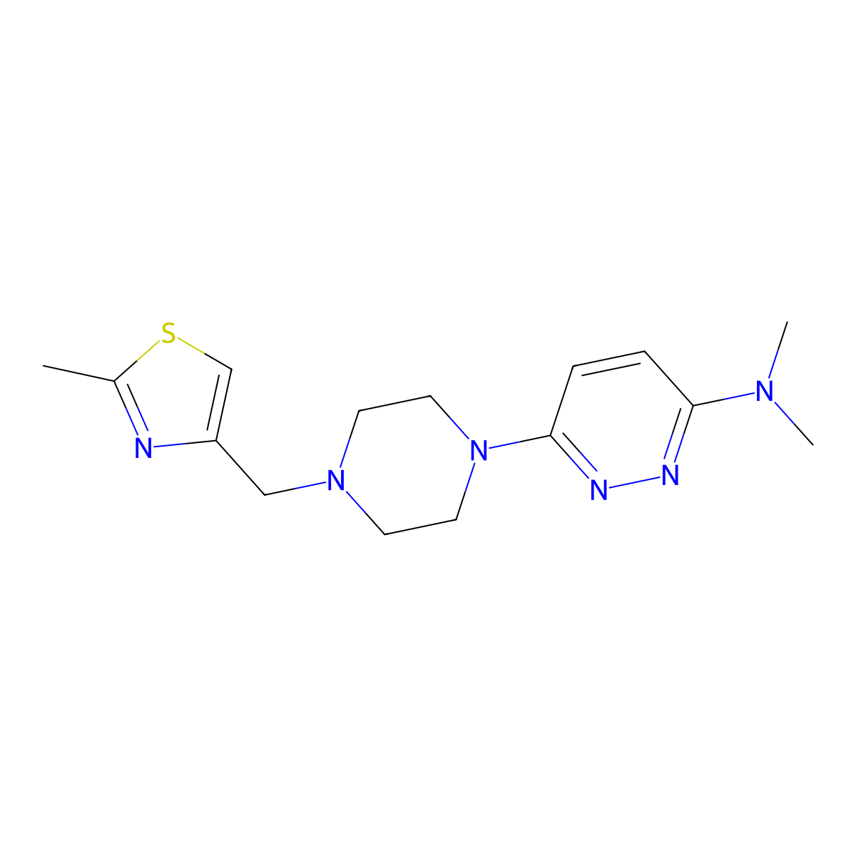 N,N-dimethyl-6-{4-[(2-methyl-1,3-thiazol-4-yl)methyl]piperazin-1-yl}pyridazin-3-amine molecular structure, CAS 2549051-83-2