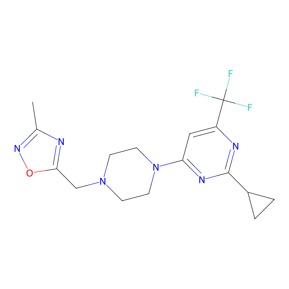 2-Cyclopropyl-4-{4-[(3-methyl-1,2,4-oxadiazol-5-yl)methyl]piperazin-1-yl}-6-(trifluoromethyl)pyrimidine molecular structure, CAS 2549051-86-5