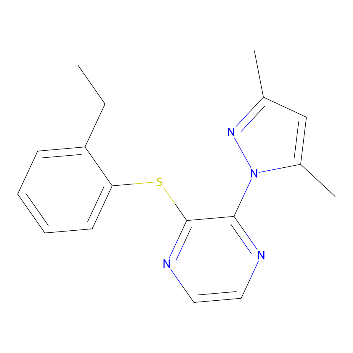 2-(3,5-dimethyl-1H-pyrazol-1-yl)-3-[(2-ethylphenyl)sulfanyl]pyrazine molecular structure, CAS 2549051-93-4