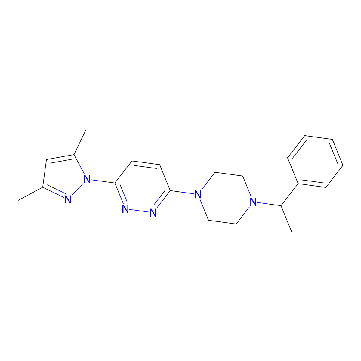 3-(3,5-dimethyl-1H-pyrazol-1-yl)-6-[4-(1-phenylethyl)piperazin-1-yl]pyridazine molecular structure, CAS 2549051-99-0