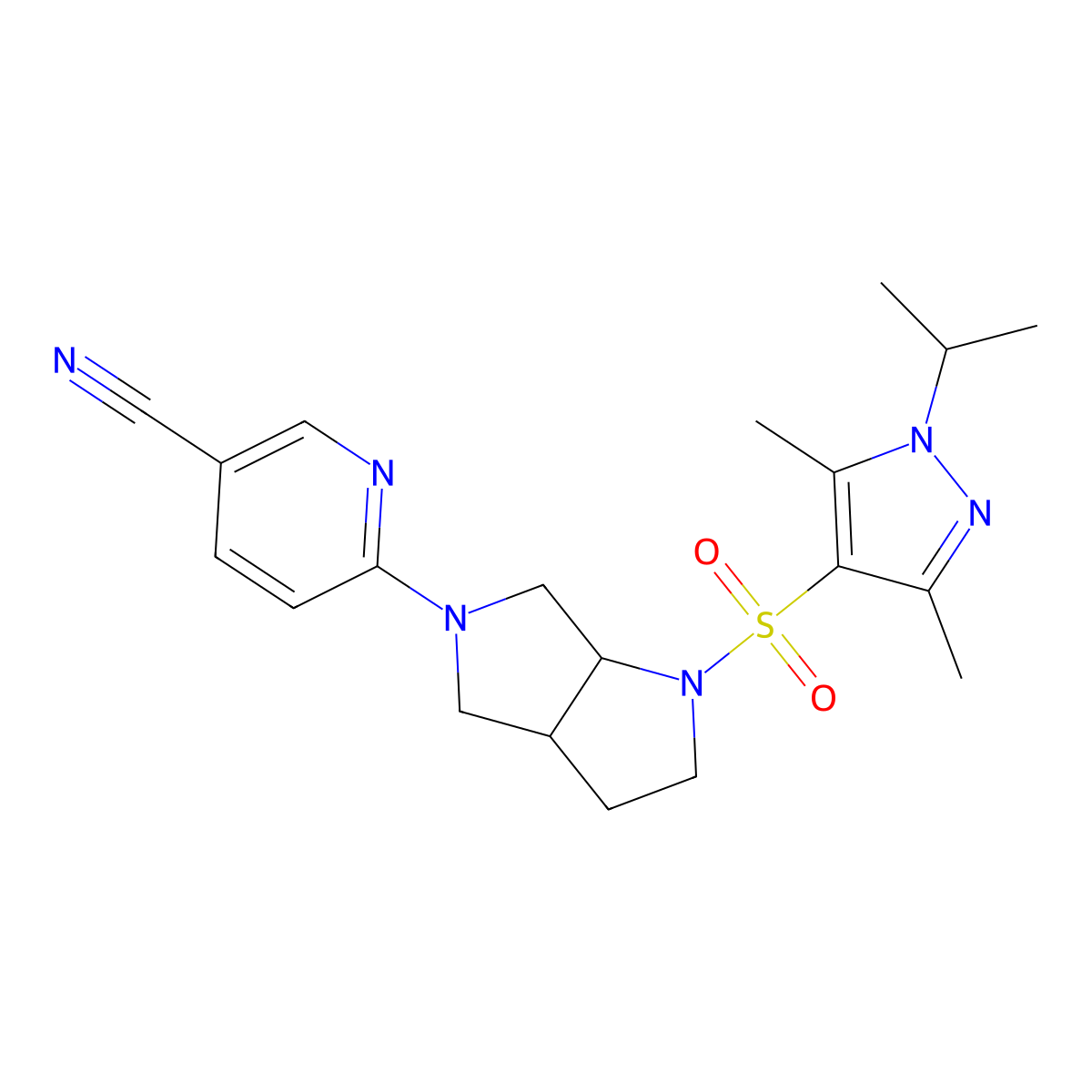 6-(1-{[3,5-dimethyl-1-(propan-2-yl)-1H-pyrazol-4-yl]sulfonyl}-octahydropyrrolo[2,3-c]pyrrol-5-yl)pyridine-3-carbonitrile molecular structure, CAS 2549052-12-0