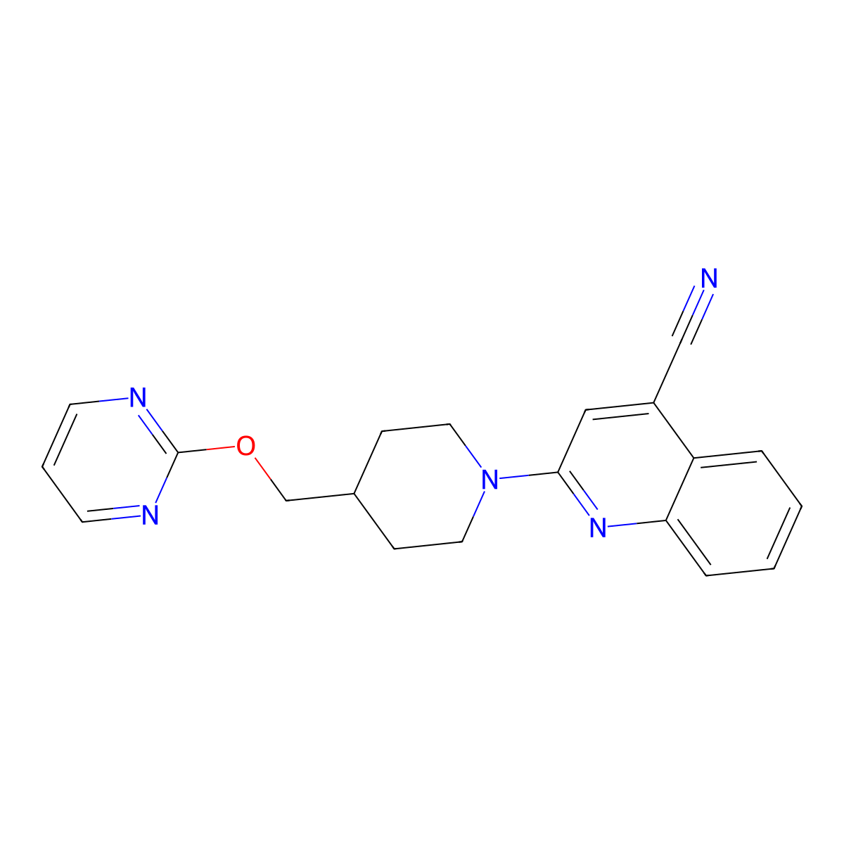 2-{4-[(Pyrimidin-2-yloxy)methyl]piperidin-1-yl}quinoline-4-carbonitrile molecular structure, CAS 2549052-14-2