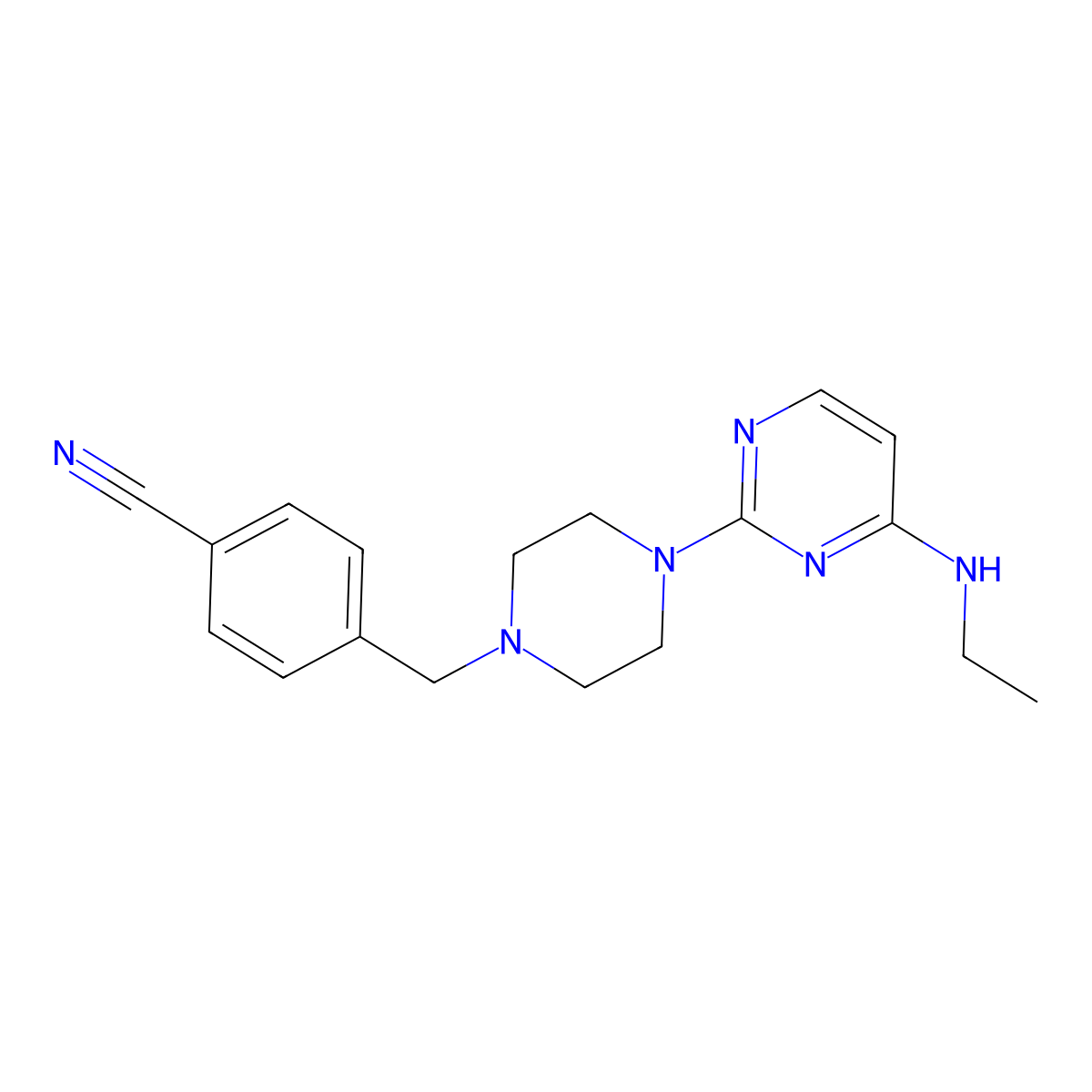 4-({4-[4-(Ethylamino)pyrimidin-2-yl]piperazin-1-yl}methyl)benzonitrile molecular structure, CAS 2549052-17-5