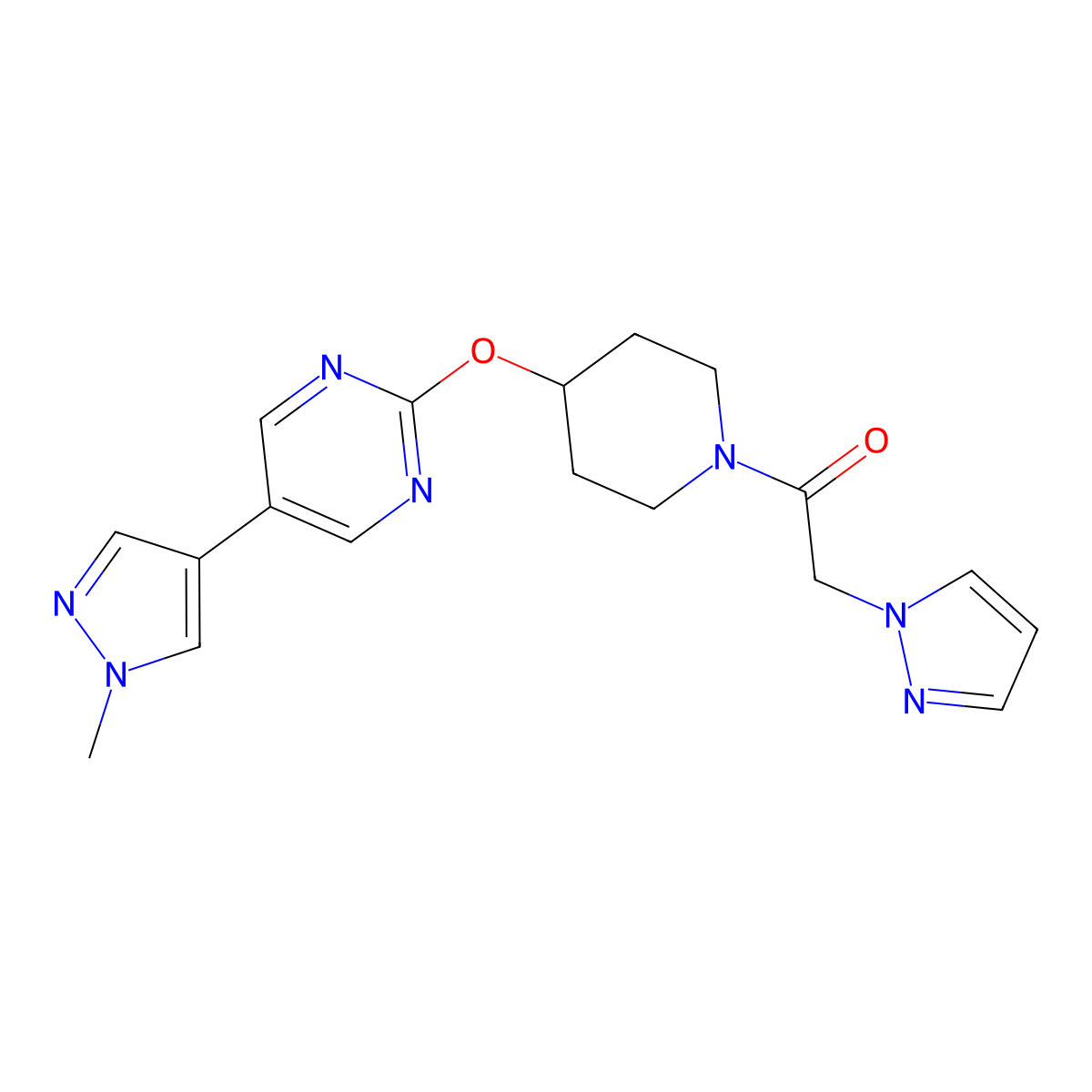 1-(4-{[5-(1-methyl-1H-pyrazol-4-yl)pyrimidin-2-yl]oxy}piperidin-1-yl)-2-(1H-pyrazol-1-yl)ethan-1-one molecular structure, CAS 2549052-24-4