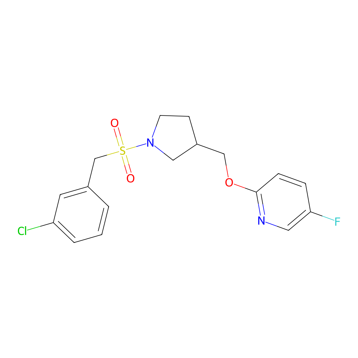 2-({1-[(3-Chlorophenyl)methanesulfonyl]pyrrolidin-3-yl}methoxy)-5-fluoropyridine molecular structure, CAS 2549052-36-8