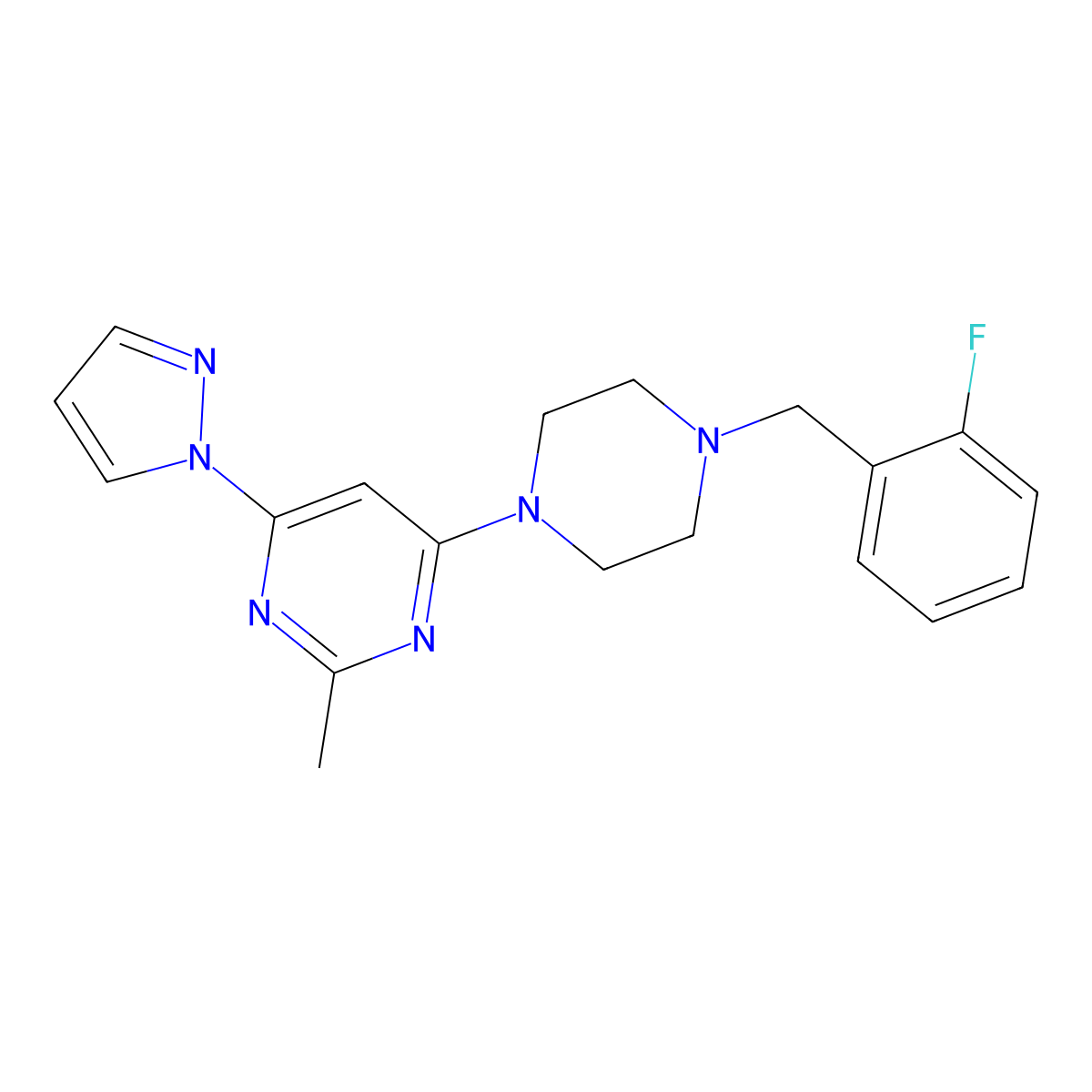 4-{4-[(2-fluorophenyl)methyl]piperazin-1-yl}-2-methyl-6-(1H-pyrazol-1-yl)pyrimidine molecular structure, CAS 2549052-43-7
