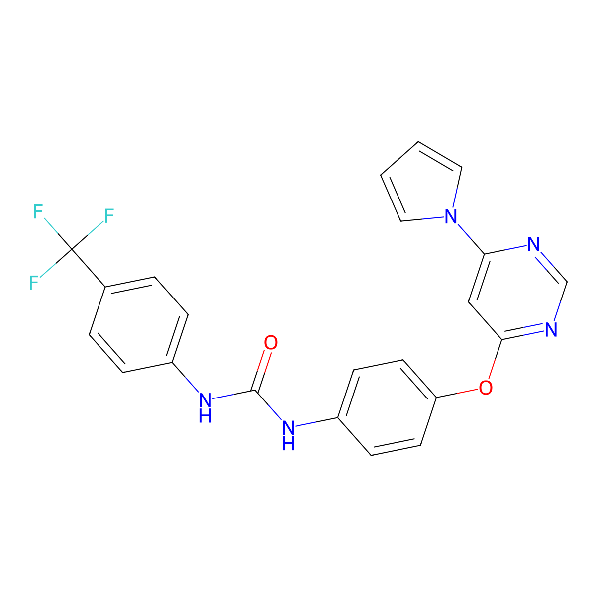 1-(4-{[6-(1H-pyrrol-1-yl)pyrimidin-4-yl]oxy}phenyl)-3-[4-(trifluoromethyl)phenyl]urea molecular structure, CAS 2549052-44-8