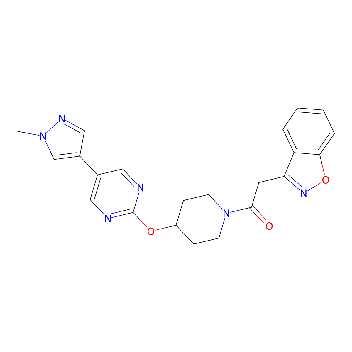 2-(1,2-benzoxazol-3-yl)-1-(4-{[5-(1-methyl-1H-pyrazol-4-yl)pyrimidin-2-yl]oxy}piperidin-1-yl)ethan-1-one molecular structure, CAS 2549052-45-9