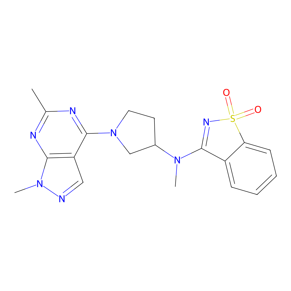 3-[(1-{1,6-dimethyl-1H-pyrazolo[3,4-d]pyrimidin-4-yl}pyrrolidin-3-yl)(methyl)amino]-1,2-benzothiazole-1,1-dione molecular structure, CAS 2549052-68-6
