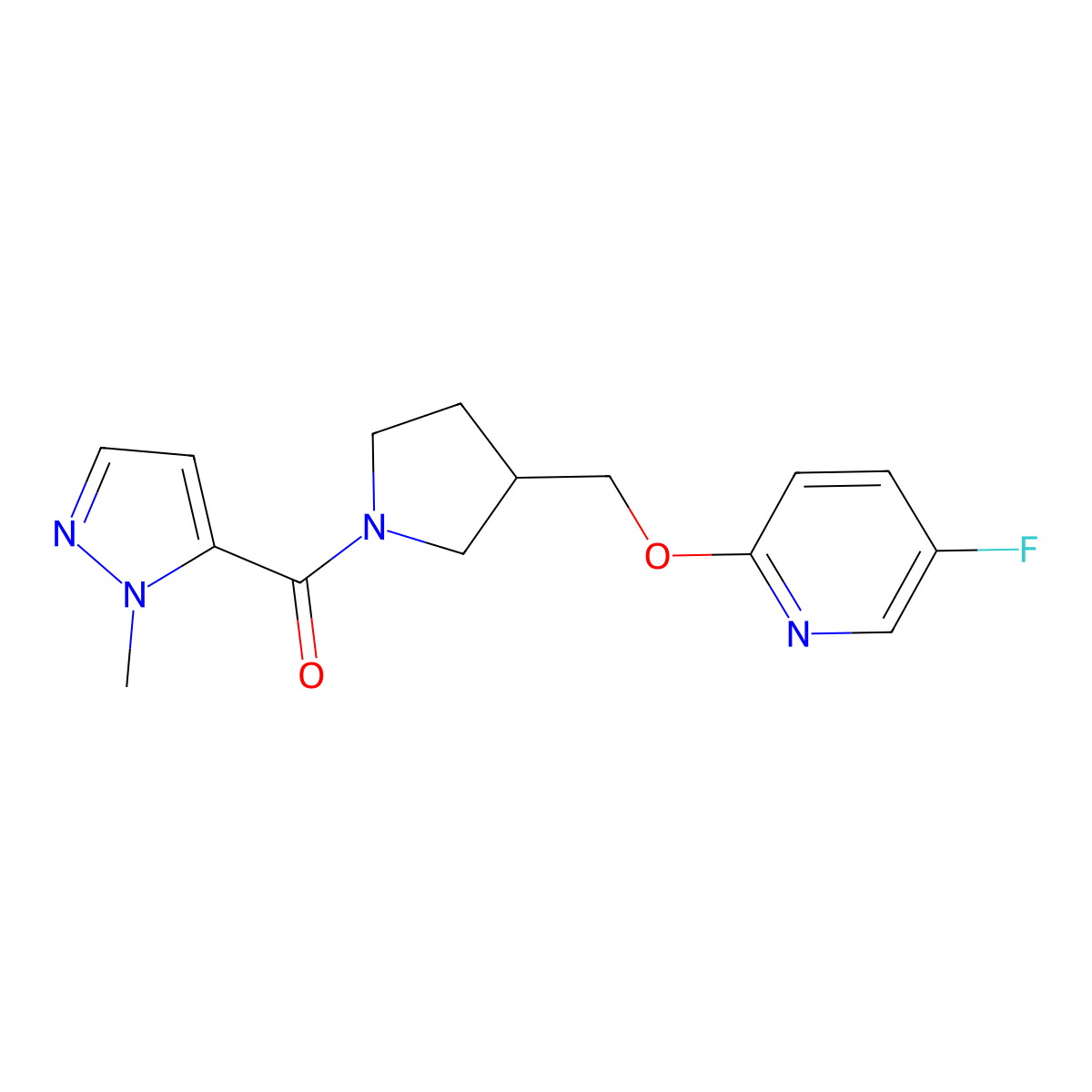 5-fluoro-2-{[1-(1-methyl-1H-pyrazole-5-carbonyl)pyrrolidin-3-yl]methoxy}pyridine molecular structure, CAS 2549052-70-0