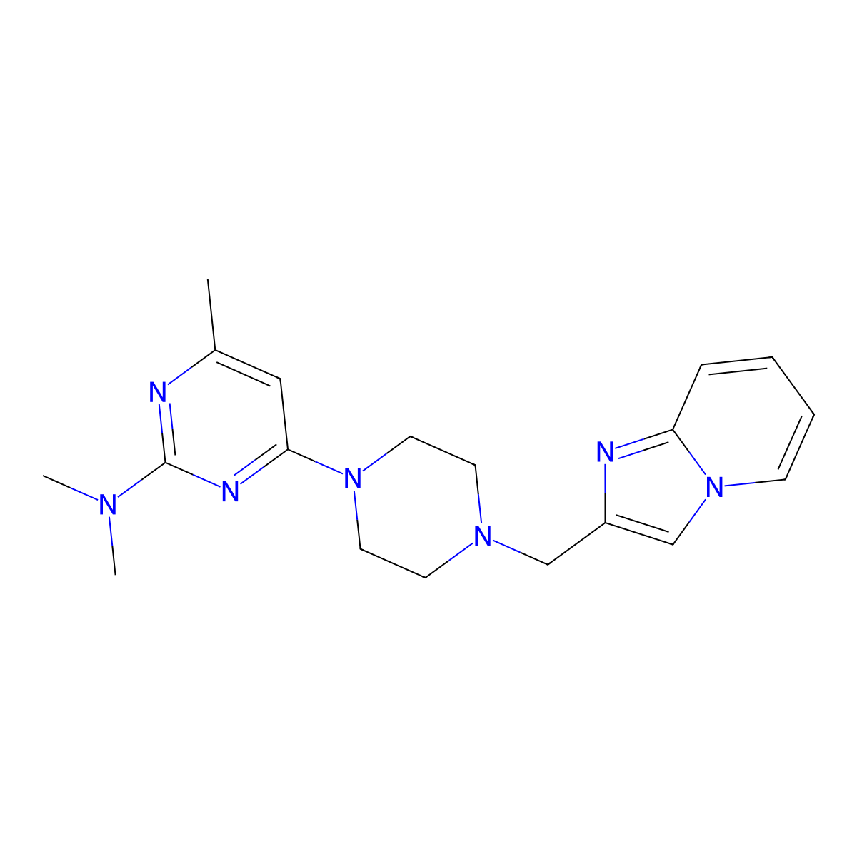 4-[4-({imidazo[1,2-a]pyridin-2-yl}methyl)piperazin-1-yl]-N,N,6-trimethylpyrimidin-2-amine molecular structure, CAS 2549052-73-3