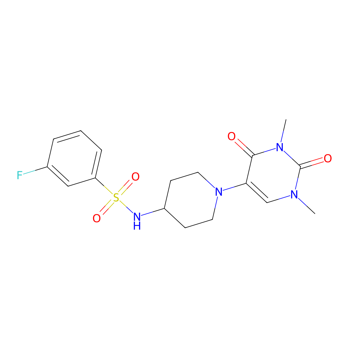 N-[1-(1,3-dimethyl-2,4-dioxo-1,2,3,4-tetrahydropyrimidin-5-yl)piperidin-4-yl]-3-fluorobenzene-1-sulfonamide molecular structure, CAS 2549052-78-8
