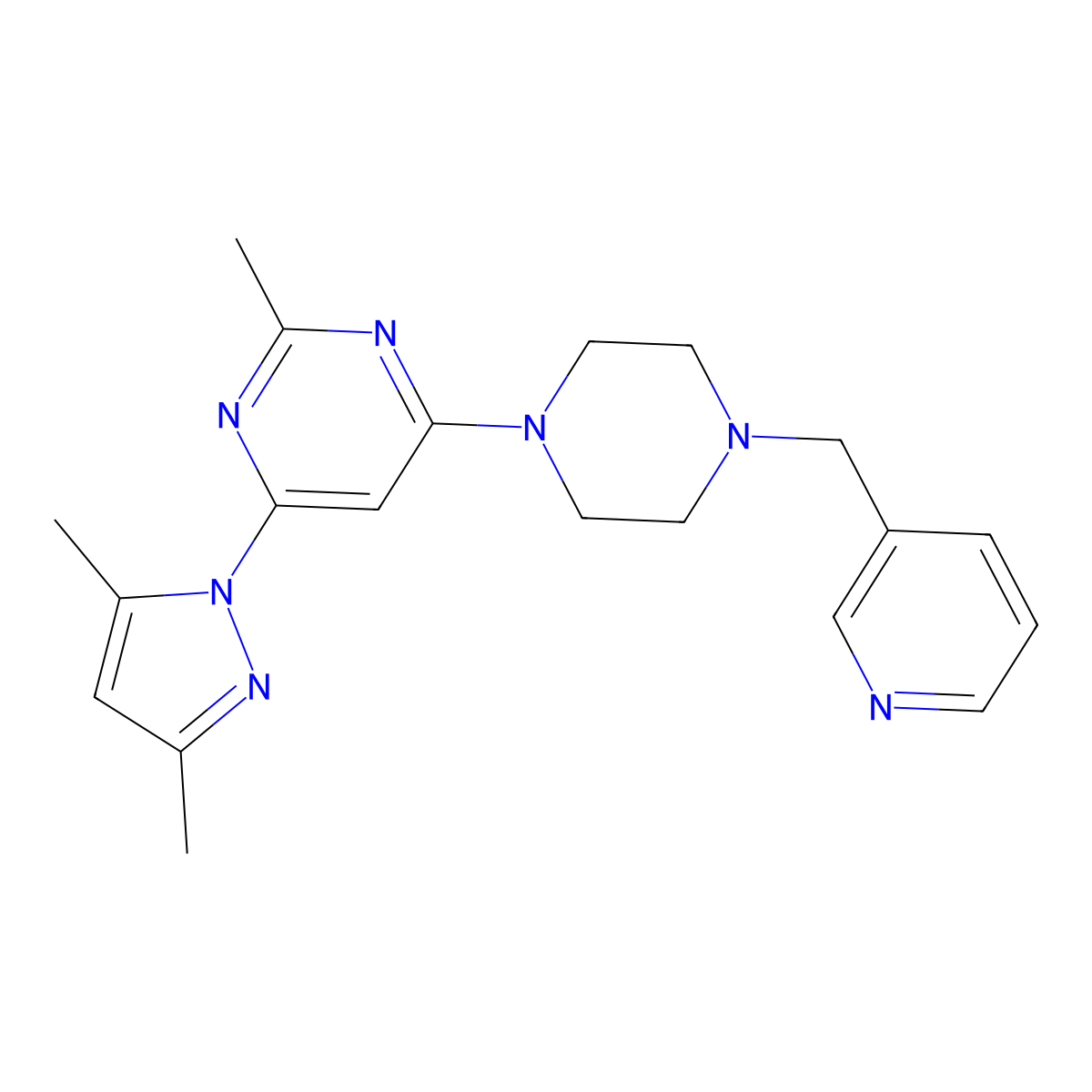 4-(3,5-dimethyl-1H-pyrazol-1-yl)-2-methyl-6-{4-[(pyridin-3-yl)methyl]piperazin-1-yl}pyrimidine molecular structure, CAS 2549052-79-9