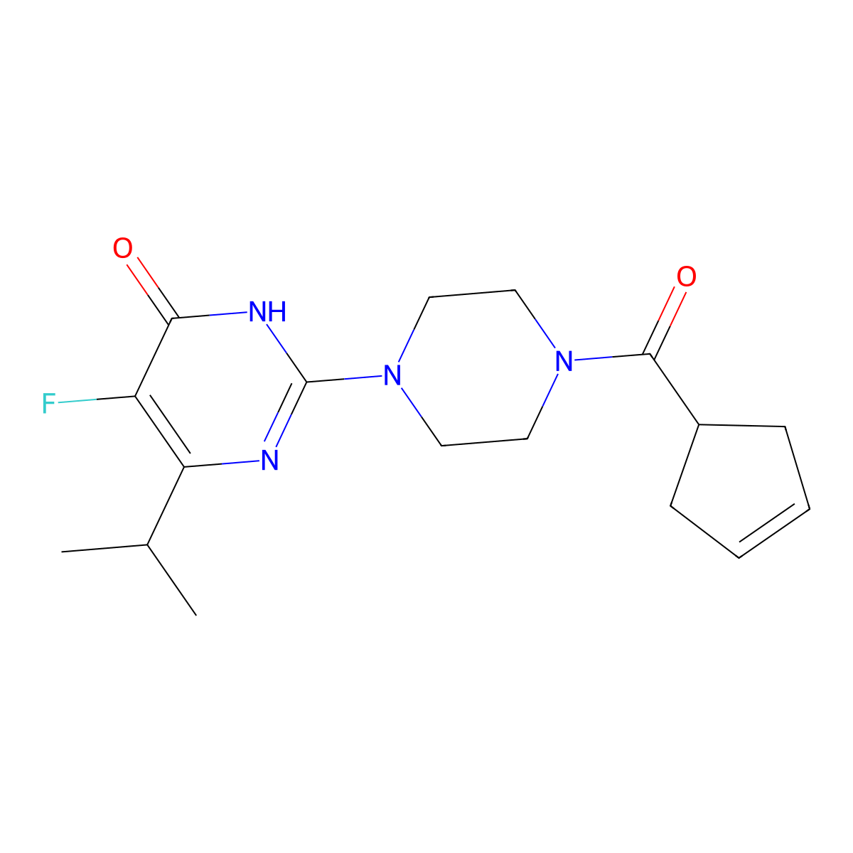 2-[4-(Cyclopent-3-ene-1-carbonyl)piperazin-1-yl]-5-fluoro-6-(propan-2-yl)-3,4-dihydropyrimidin-4-one molecular structure, CAS 2549052-84-6