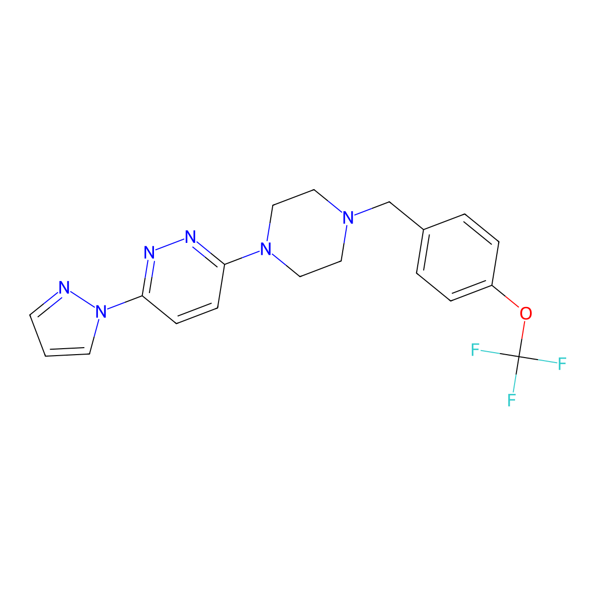 3-(1H-pyrazol-1-yl)-6-(4-{[4-(trifluoromethoxy)phenyl]methyl}piperazin-1-yl)pyridazine molecular structure, CAS 2549052-85-7