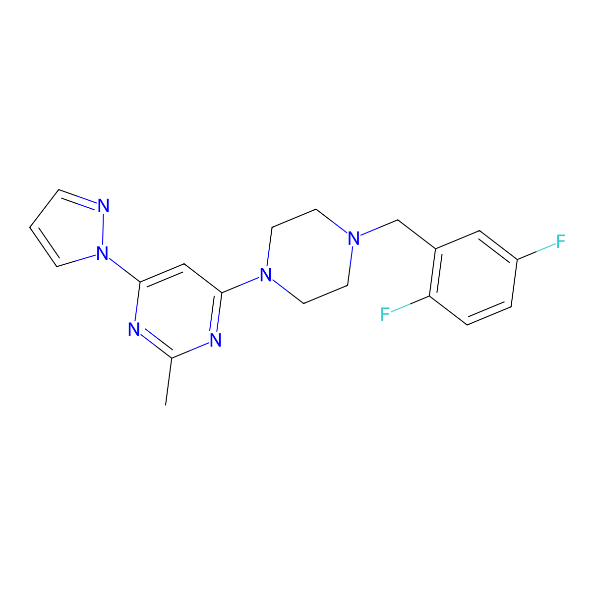 4-{4-[(2,5-difluorophenyl)methyl]piperazin-1-yl}-2-methyl-6-(1H-pyrazol-1-yl)pyrimidine molecular structure, CAS 2549052-93-7