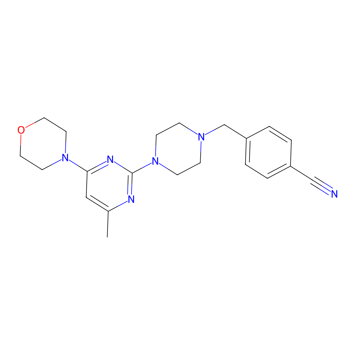 4-({4-[4-Methyl-6-(morpholin-4-yl)pyrimidin-2-yl]piperazin-1-yl}methyl)benzonitrile molecular structure, CAS 2549053-00-9