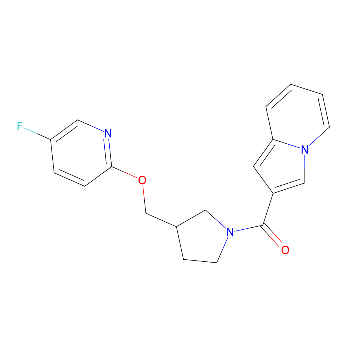 2-(3-{[(5-Fluoropyridin-2-yl)oxy]methyl}pyrrolidine-1-carbonyl)indolizine molecular structure, CAS 2549053-01-0