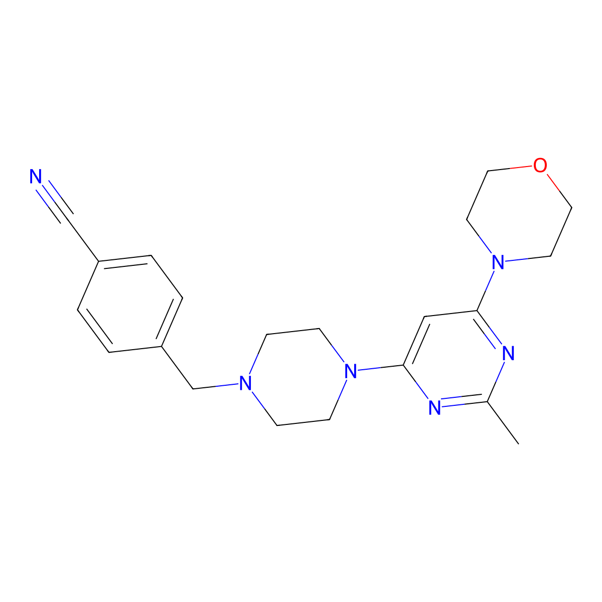 4-({4-[2-Methyl-6-(morpholin-4-yl)pyrimidin-4-yl]piperazin-1-yl}methyl)benzonitrile molecular structure, CAS 2549053-10-1