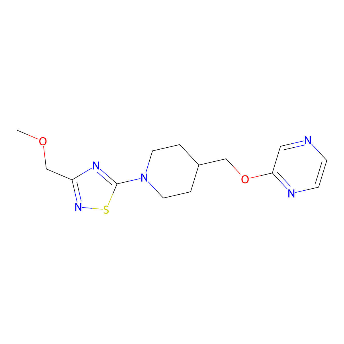 2-({1-[3-(Methoxymethyl)-1,2,4-thiadiazol-5-yl]piperidin-4-yl}methoxy)pyrazine molecular structure, CAS 2549053-12-3