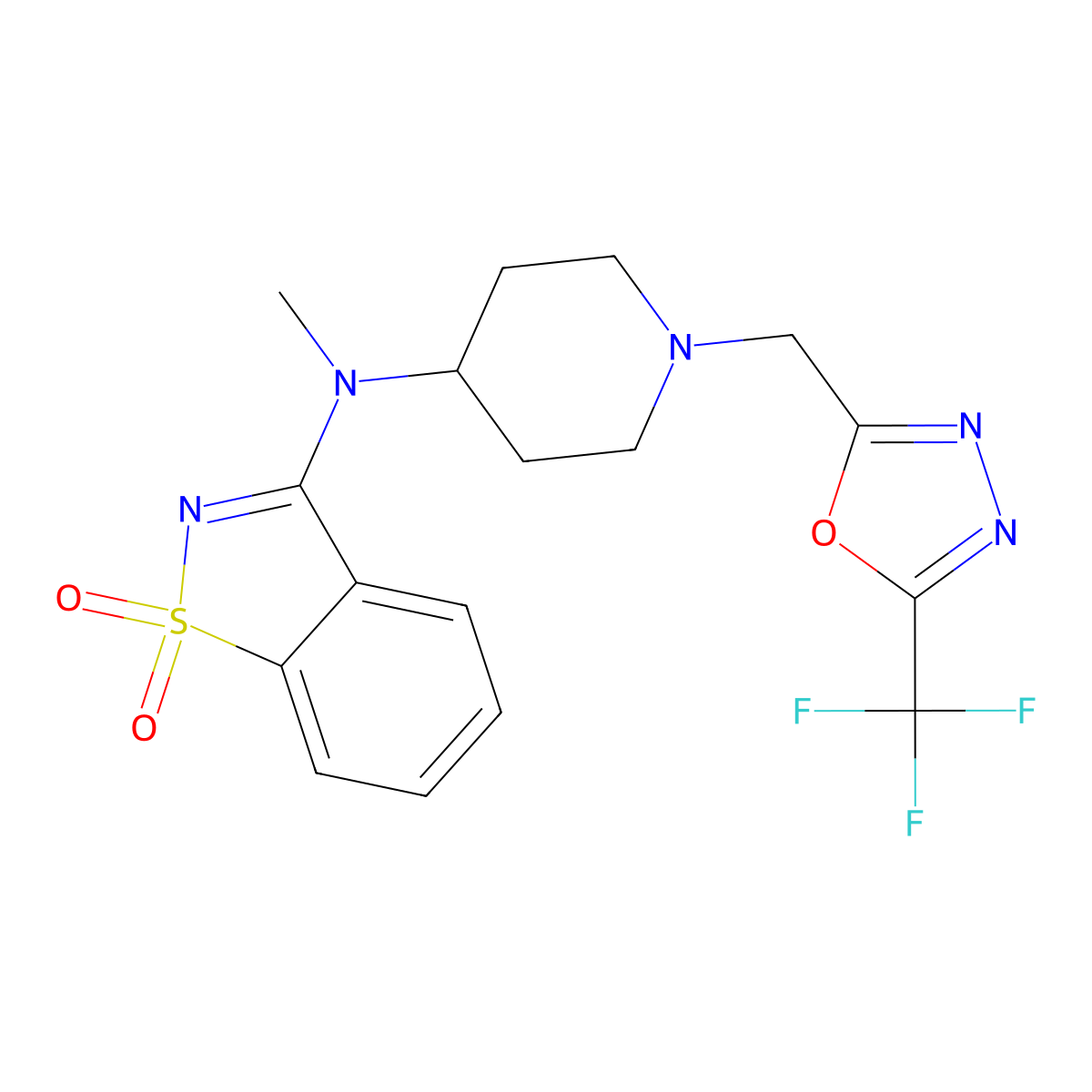 3-[Methyl(1-{[5-(trifluoromethyl)-1,3,4-oxadiazol-2-yl]methyl}piperidin-4-yl)amino]-1,2-benzothiazole-1,1-dione molecular structure, CAS 2549053-14-5