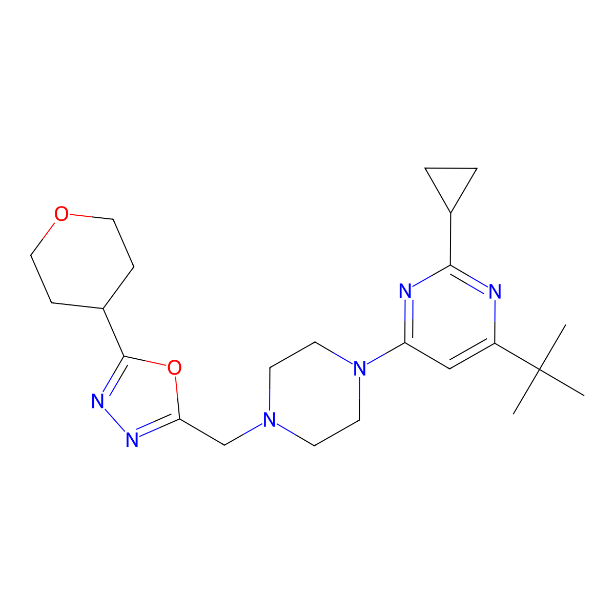 4-Tert-butyl-2-cyclopropyl-6-(4-{[5-(oxan-4-yl)-1,3,4-oxadiazol-2-yl]methyl}piperazin-1-yl)pyrimidine molecular structure, CAS 2549053-26-9