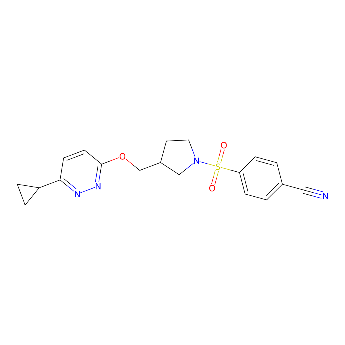 4-[(3-{[(6-Cyclopropylpyridazin-3-yl)oxy]methyl}pyrrolidin-1-yl)sulfonyl]benzonitrile molecular structure, CAS 2549053-28-1