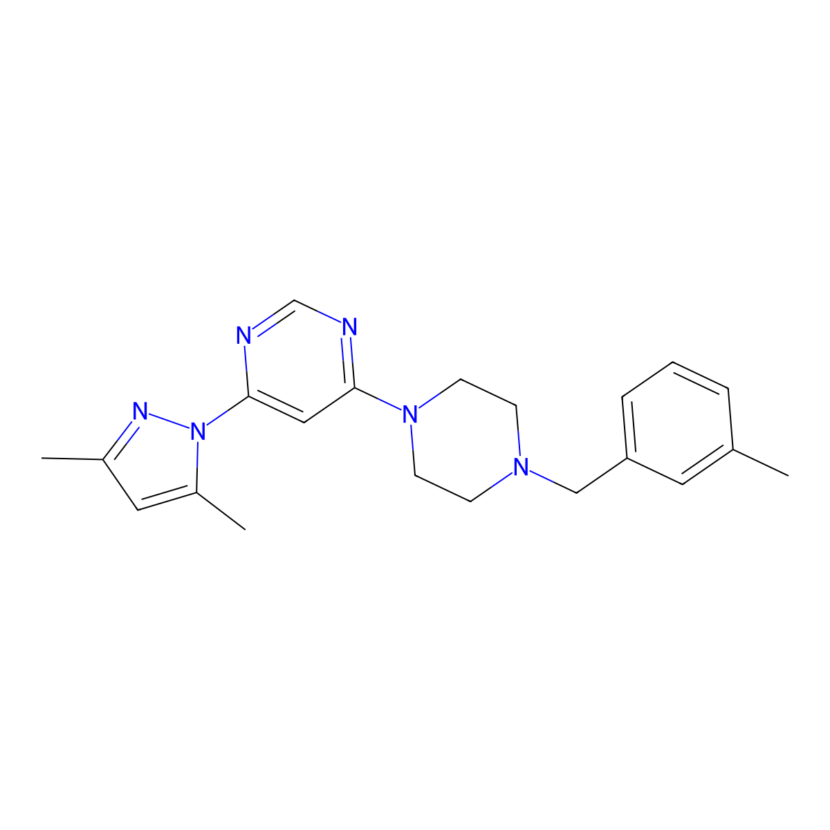 4-(3,5-dimethyl-1H-pyrazol-1-yl)-6-{4-[(3-methylphenyl)methyl]piperazin-1-yl}pyrimidine molecular structure, CAS 2549053-38-3