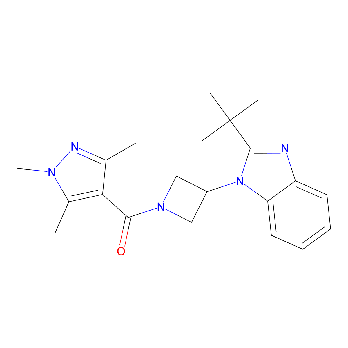 2-tert-butyl-1-[1-(1,3,5-trimethyl-1H-pyrazole-4-carbonyl)azetidin-3-yl]-1H-1,3-benzodiazole molecular structure, CAS 2549053-44-1