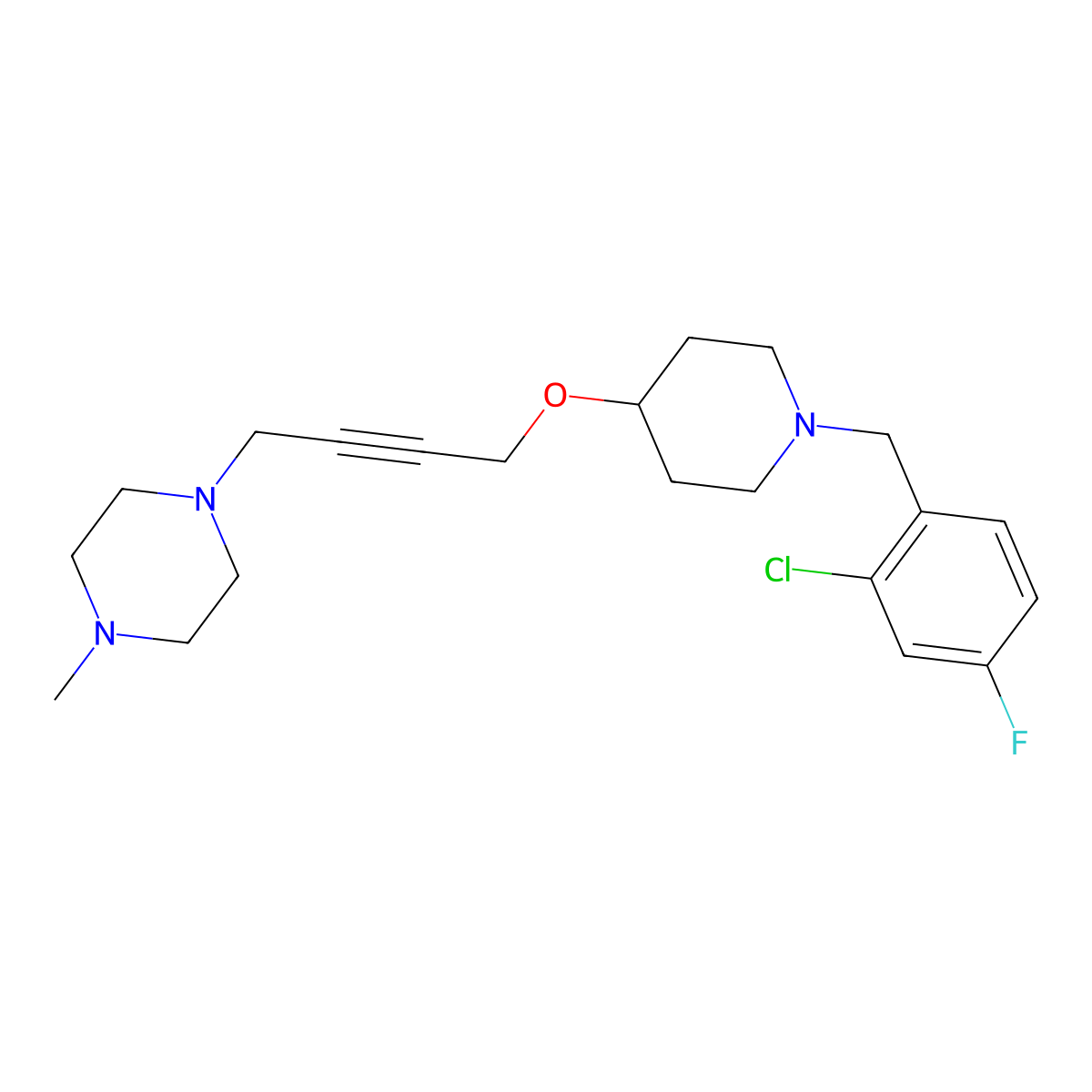 1-[4-({1-[(2-Chloro-4-fluorophenyl)methyl]piperidin-4-yl}oxy)but-2-yn-1-yl]-4-methylpiperazine molecular structure, CAS 2549053-60-1