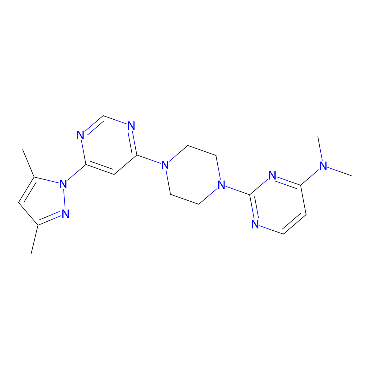 2-{4-[6-(3,5-dimethyl-1H-pyrazol-1-yl)pyrimidin-4-yl]piperazin-1-yl}-N,N-dimethylpyrimidin-4-amine molecular structure, CAS 2549053-87-2