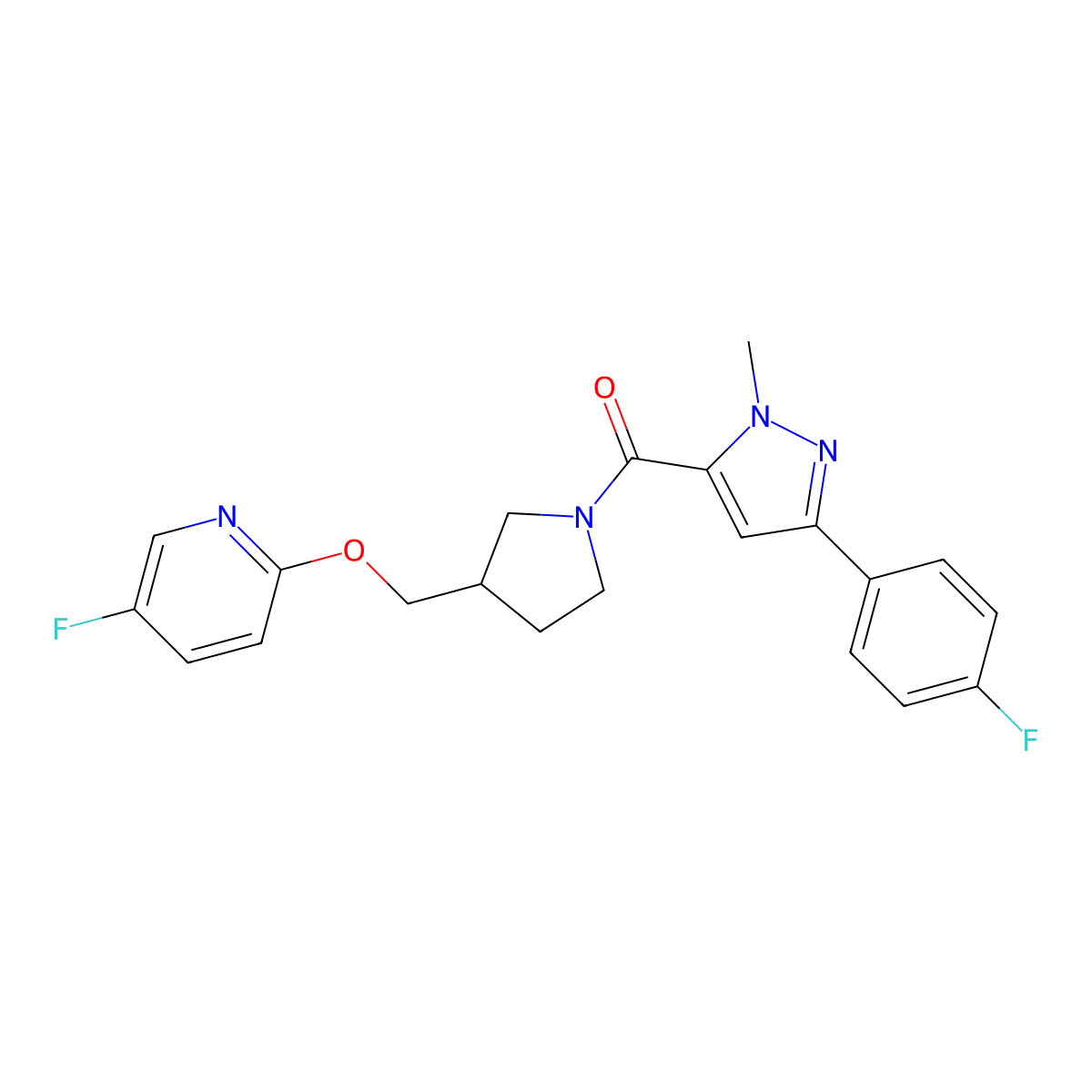 5-fluoro-2-({1-[3-(4-fluorophenyl)-1-methyl-1H-pyrazole-5-carbonyl]pyrrolidin-3-yl}methoxy)pyridine molecular structure, CAS 2549053-95-2