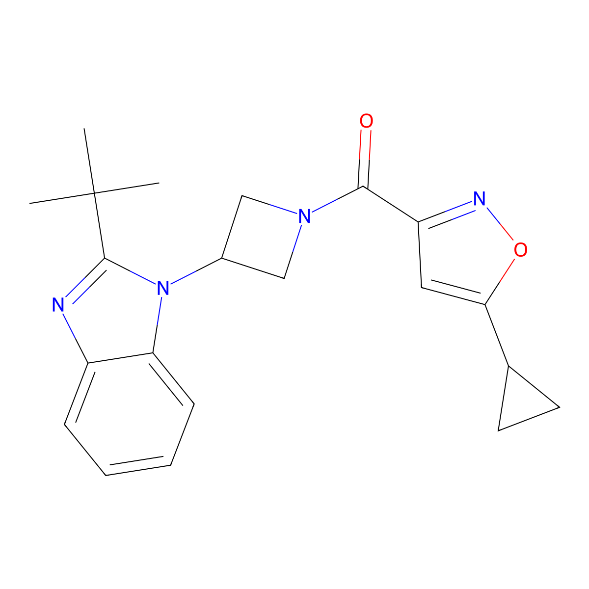 2-tert-butyl-1-[1-(5-cyclopropyl-1,2-oxazole-3-carbonyl)azetidin-3-yl]-1H-1,3-benzodiazole molecular structure, CAS 2549054-03-5
