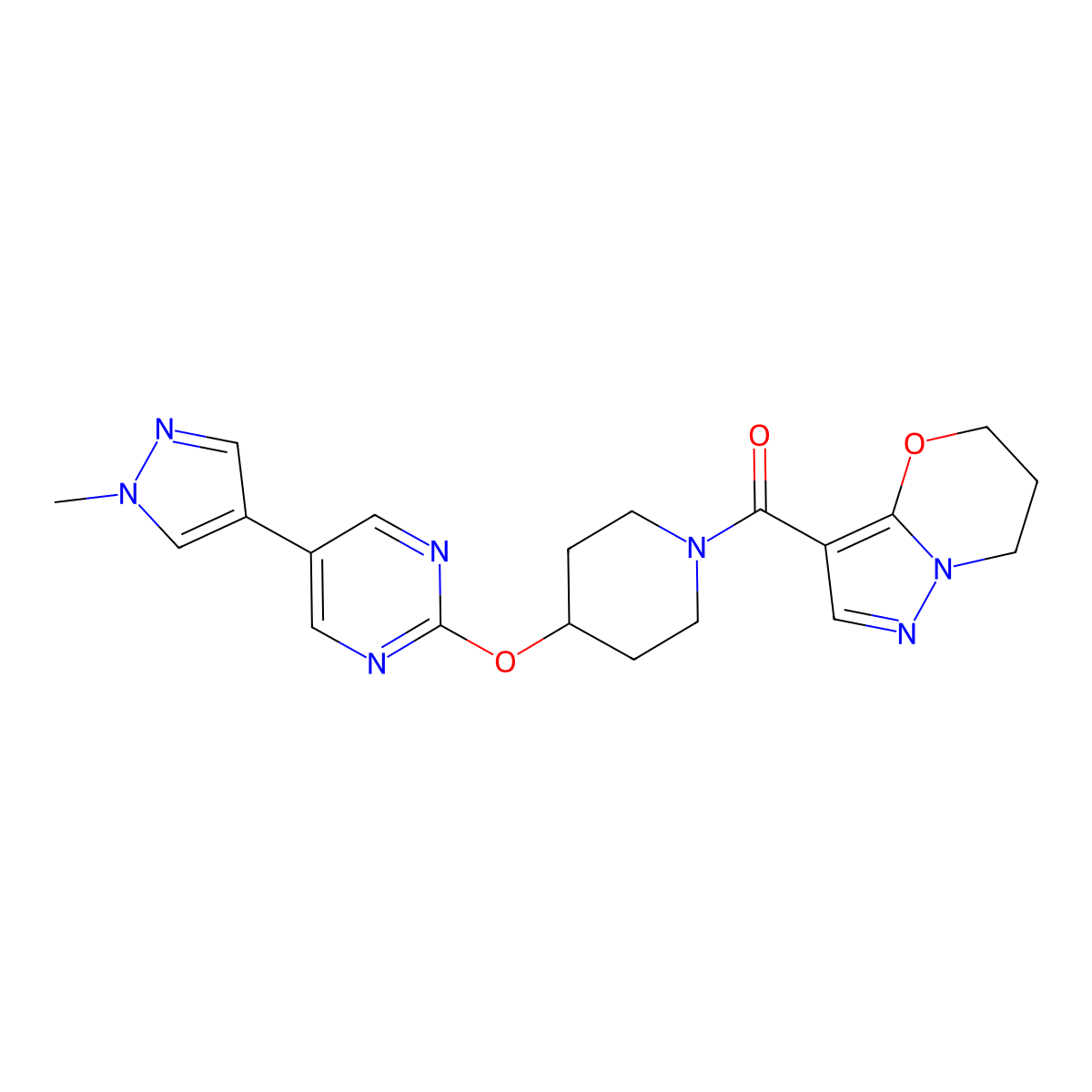 5-(1-methyl-1H-pyrazol-4-yl)-2-[(1-{5H,6H,7H-pyrazolo[3,2-b][1,3]oxazine-3-carbonyl}piperidin-4-yl)oxy]pyrimidine molecular structure, CAS 2549054-17-1