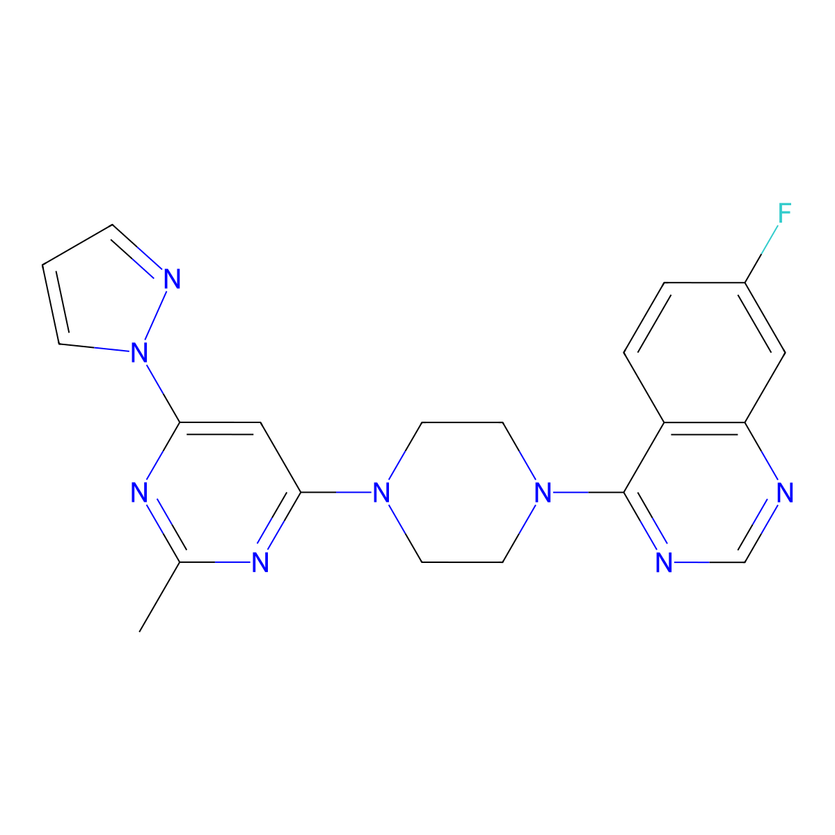 7-fluoro-4-{4-[2-methyl-6-(1H-pyrazol-1-yl)pyrimidin-4-yl]piperazin-1-yl}quinazoline molecular structure, CAS 2549054-23-9
