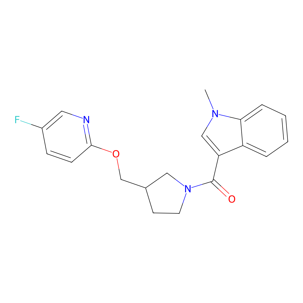 3-(3-{[(5-fluoropyridin-2-yl)oxy]methyl}pyrrolidine-1-carbonyl)-1-methyl-1H-indole molecular structure, CAS 2549054-45-5