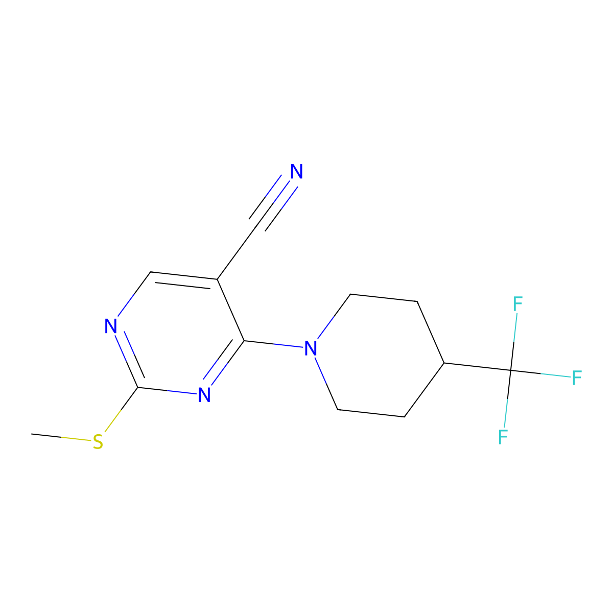 2-(Methylsulfanyl)-4-[4-(trifluoromethyl)piperidin-1-yl]pyrimidine-5-carbonitrile molecular structure, CAS 2549054-54-6