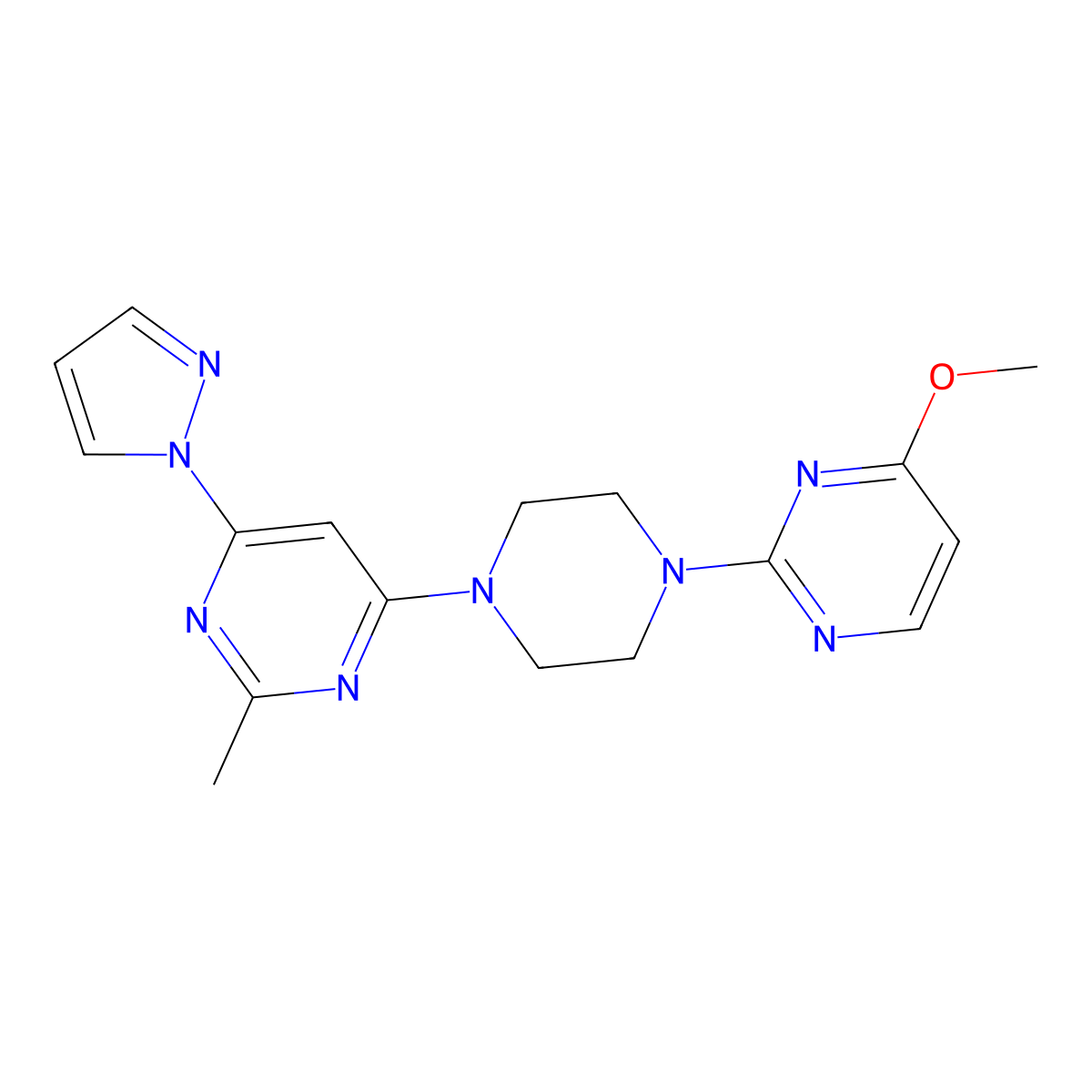 4-[4-(4-methoxypyrimidin-2-yl)piperazin-1-yl]-2-methyl-6-(1H-pyrazol-1-yl)pyrimidine molecular structure, CAS 2549054-56-8