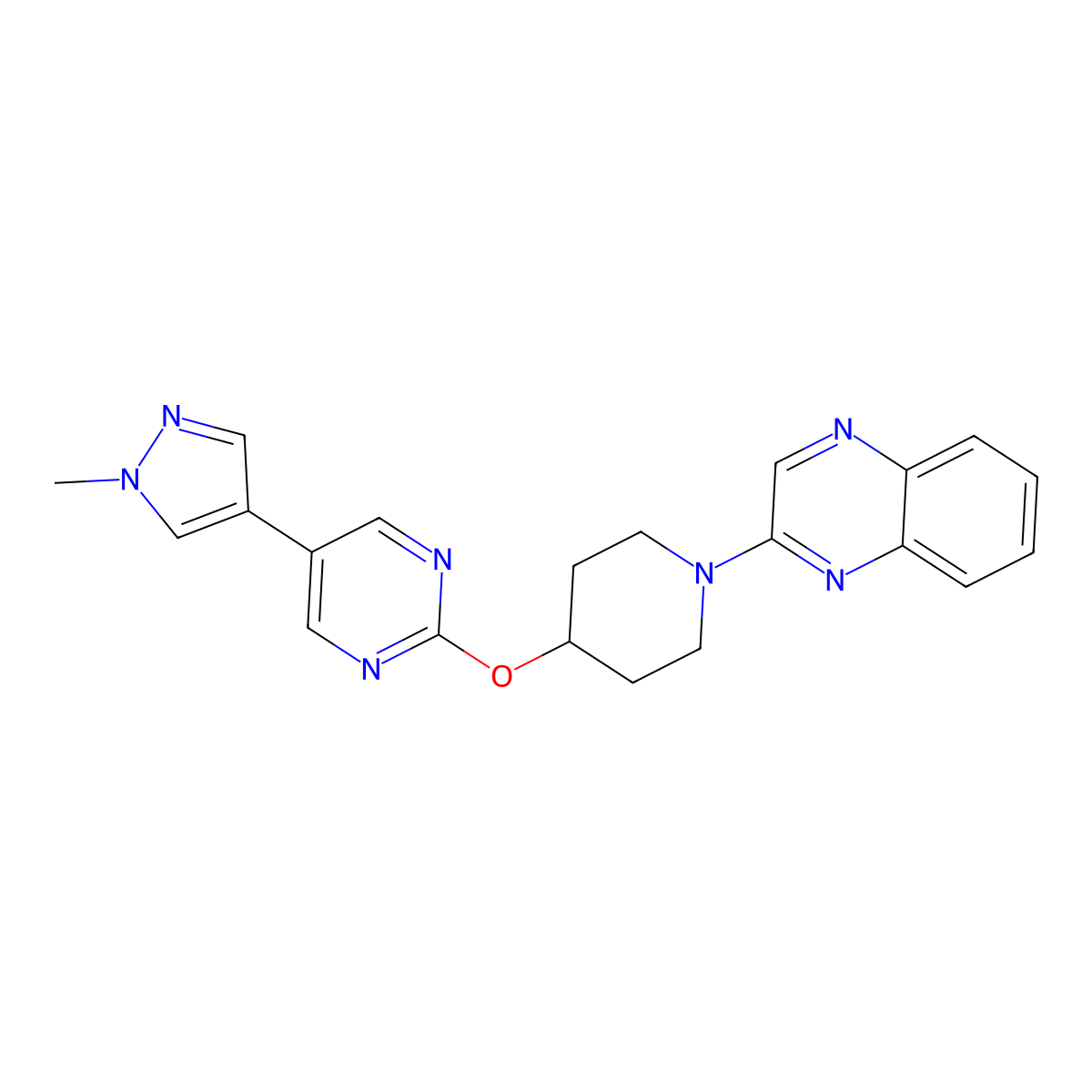 2-(4-{[5-(1-methyl-1H-pyrazol-4-yl)pyrimidin-2-yl]oxy}piperidin-1-yl)quinoxaline molecular structure, CAS 2549054-57-9