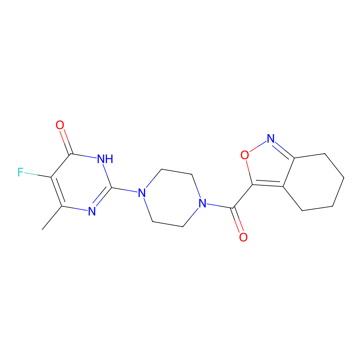 5-Fluoro-6-methyl-2-[4-(4,5,6,7-tetrahydro-2,1-benzoxazole-3-carbonyl)piperazin-1-yl]-3,4-dihydropyrimidin-4-one molecular structure, CAS 2549054-74-0