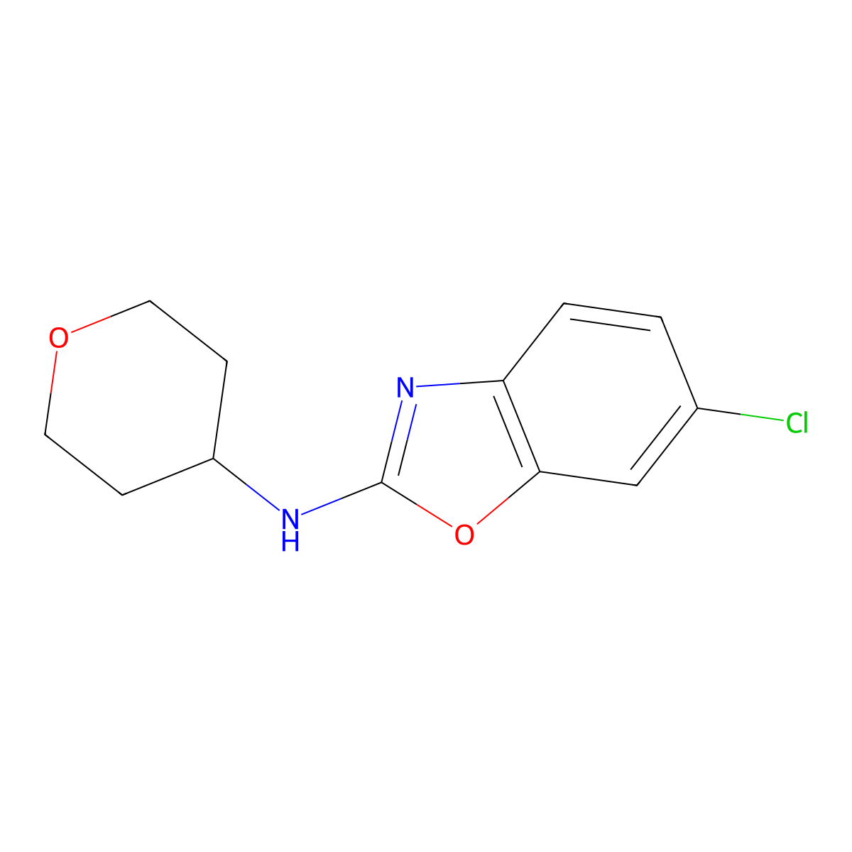 6-chloro-N-(oxan-4-yl)-1,3-benzoxazol-2-amine molecular structure, CAS 2549054-80-8