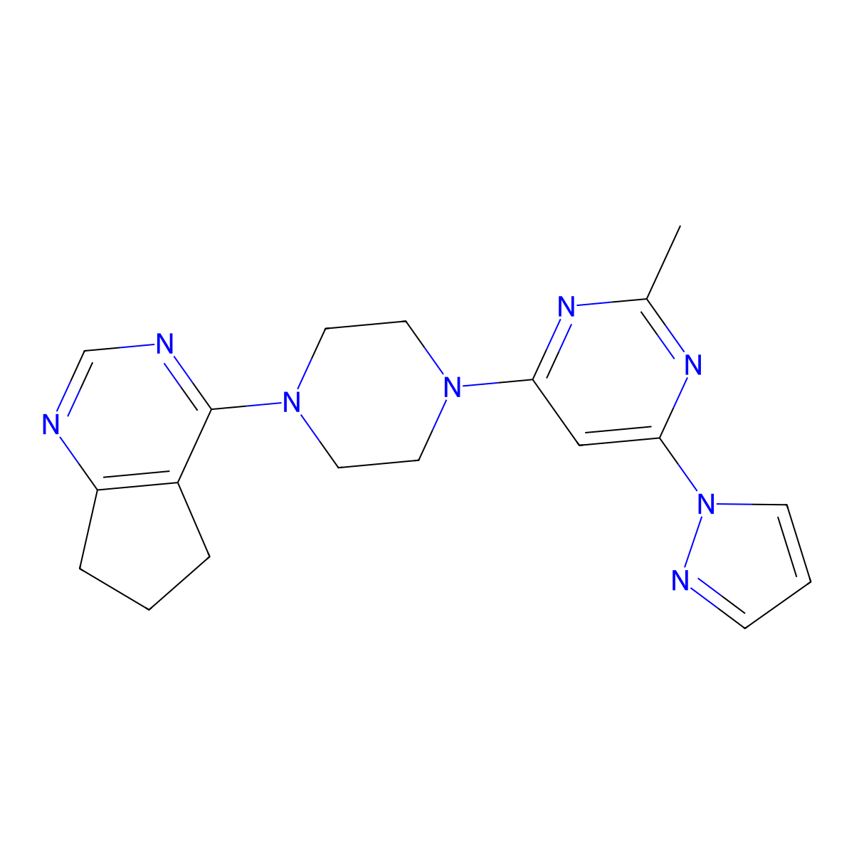 4-(4-{5H,6H,7H-cyclopenta[d]pyrimidin-4-yl}piperazin-1-yl)-2-methyl-6-(1H-pyrazol-1-yl)pyrimidine molecular structure, CAS 2549054-85-3