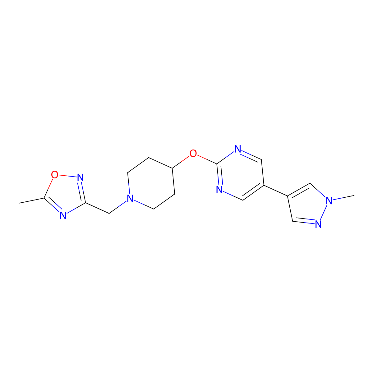 2-({1-[(5-methyl-1,2,4-oxadiazol-3-yl)methyl]piperidin-4-yl}oxy)-5-(1-methyl-1H-pyrazol-4-yl)pyrimidine molecular structure, CAS 2549054-89-7