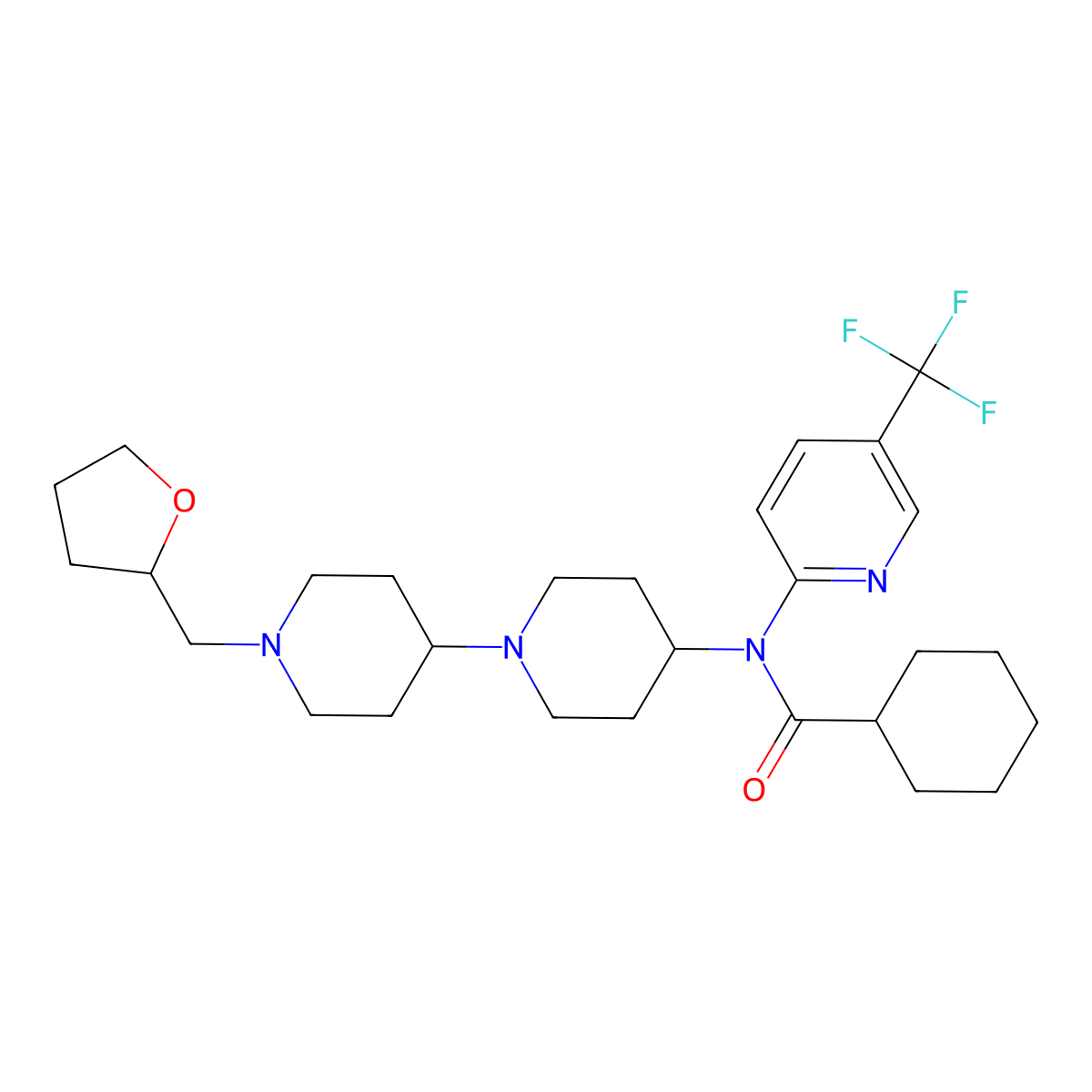N-{1'-[(oxolan-2-yl)methyl]-[1,4'-bipiperidine]-4-yl}-N-[5-(trifluoromethyl)pyridin-2-yl]cyclohexanecarboxamide molecular structure, CAS 2549054-95-5