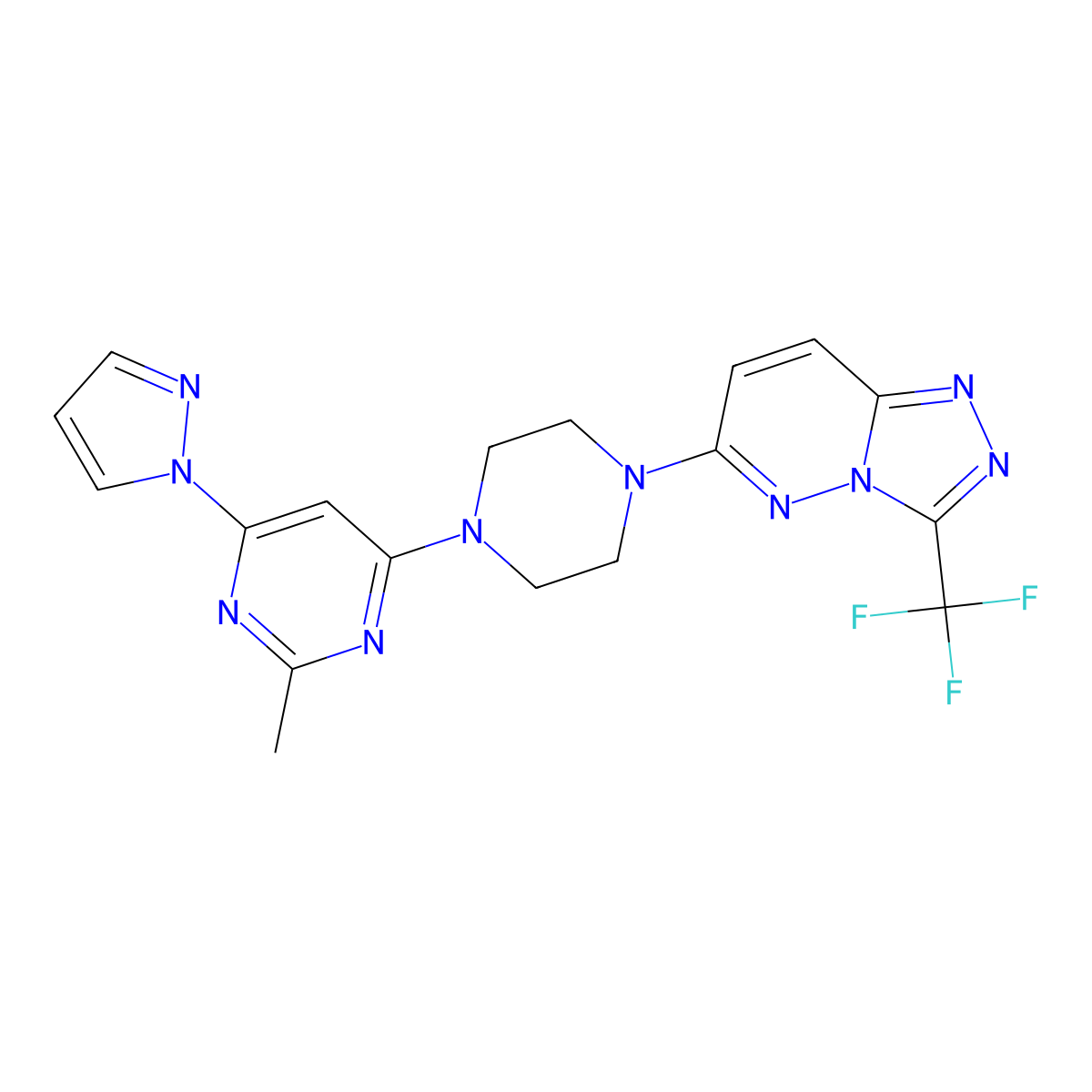 2-methyl-4-(1H-pyrazol-1-yl)-6-{4-[3-(trifluoromethyl)-[1,2,4]triazolo[4,3-b]pyridazin-6-yl]piperazin-1-yl}pyrimidine molecular structure, CAS 2549055-03-8