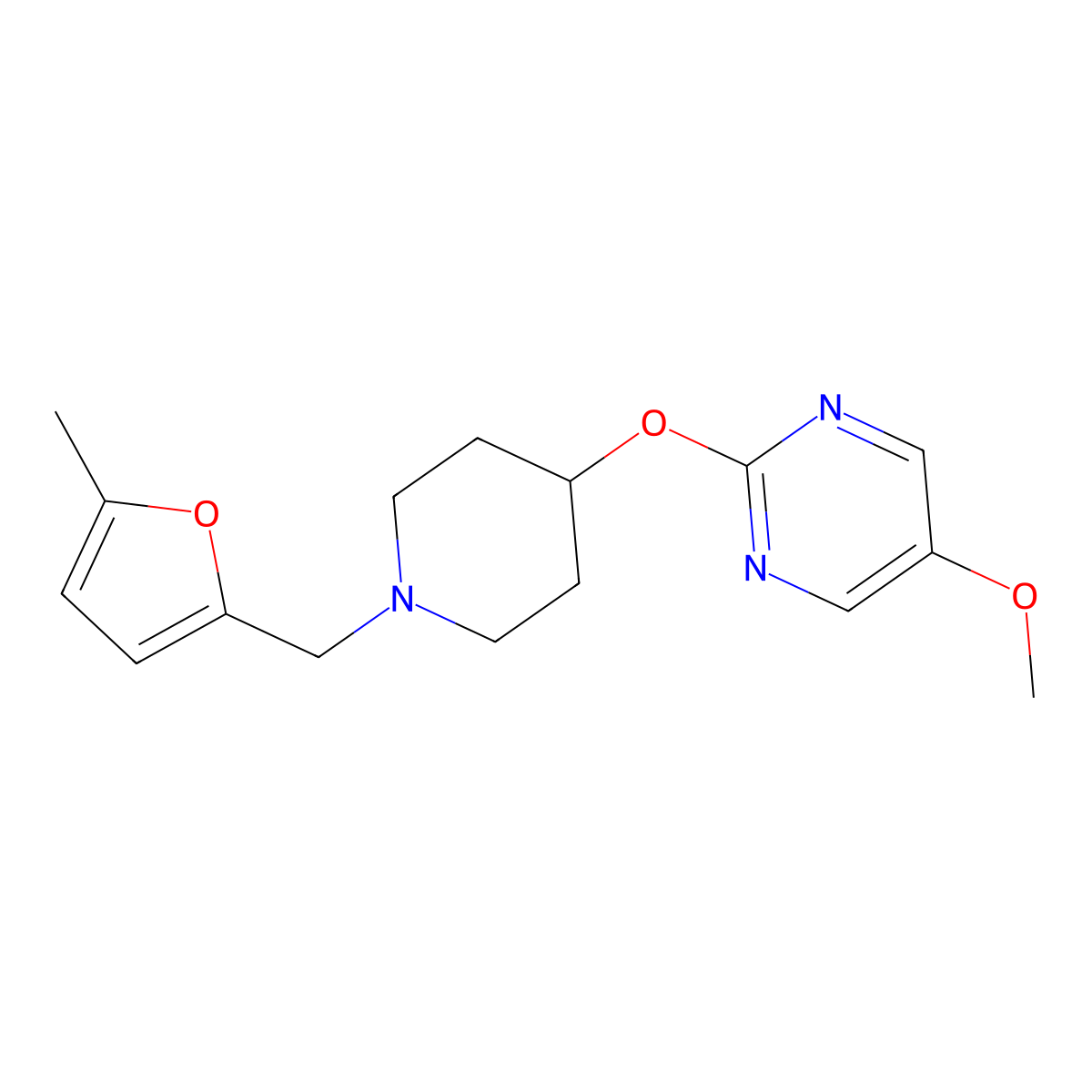 5-Methoxy-2-({1-[(5-methylfuran-2-yl)methyl]piperidin-4-yl}oxy)pyrimidine molecular structure, CAS 2549055-15-2