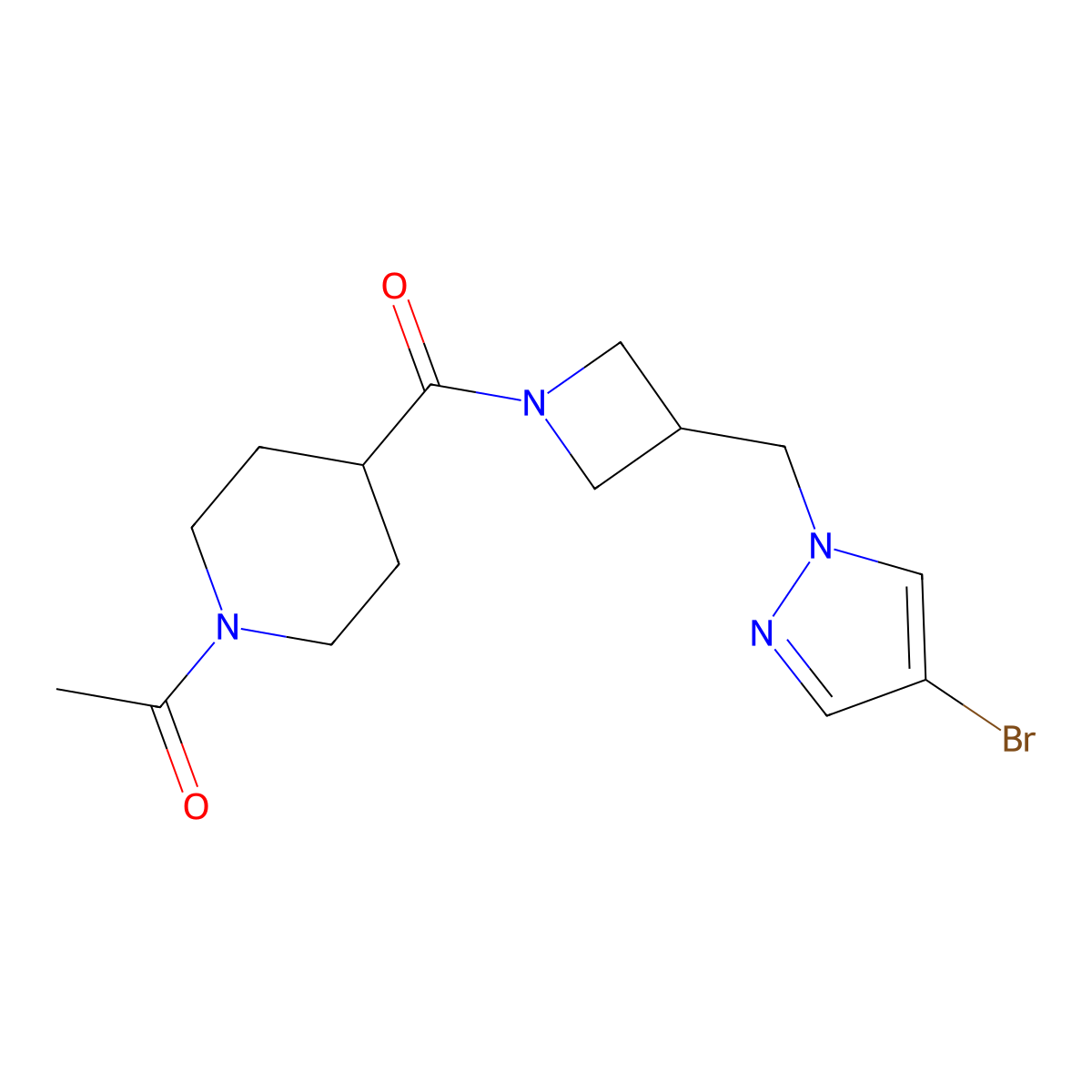 1-(4-{3-[(4-bromo-1H-pyrazol-1-yl)methyl]azetidine-1-carbonyl}piperidin-1-yl)ethan-1-one molecular structure, CAS 2549055-20-9