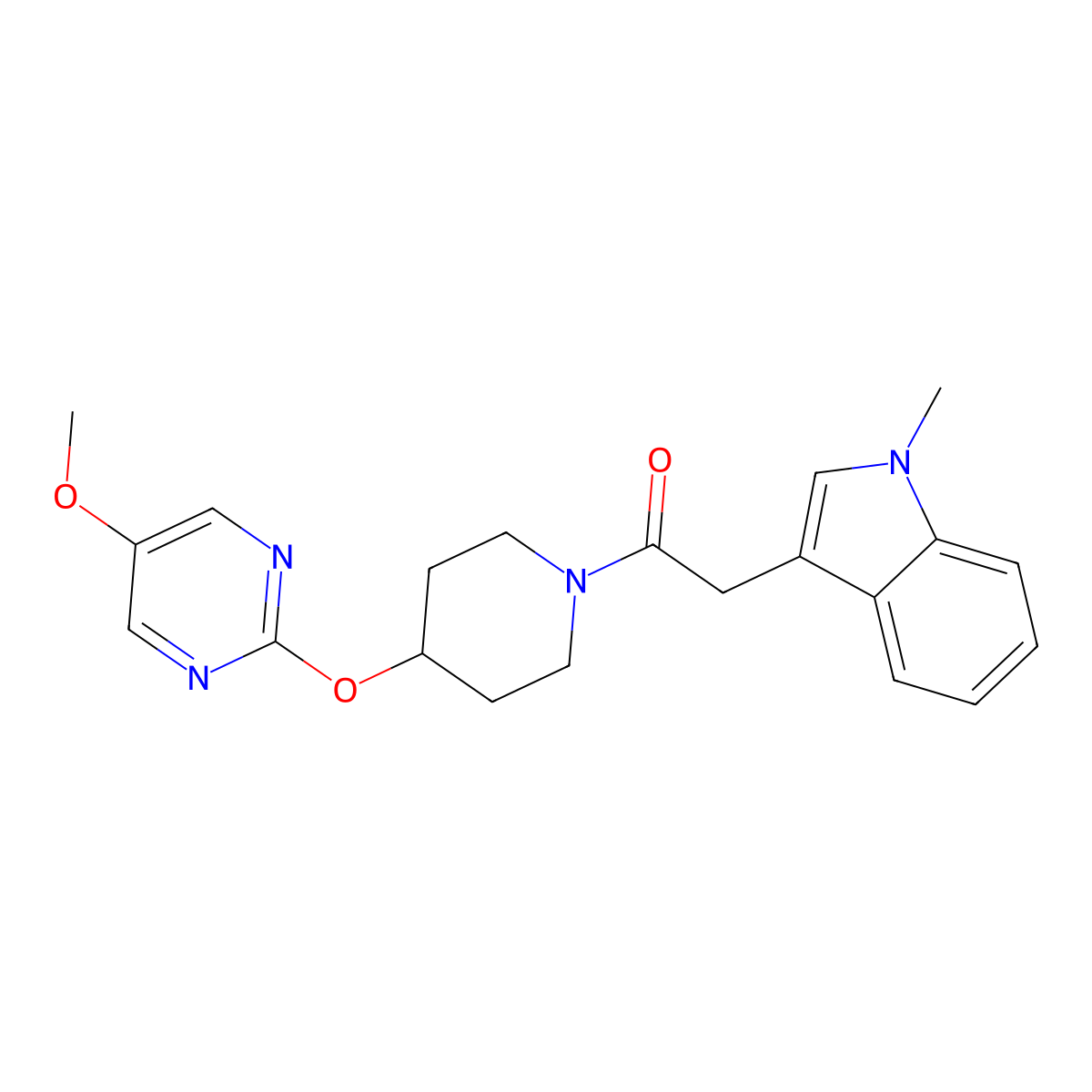 1-{4-[(5-methoxypyrimidin-2-yl)oxy]piperidin-1-yl}-2-(1-methyl-1H-indol-3-yl)ethan-1-one molecular structure, CAS 2549055-38-9