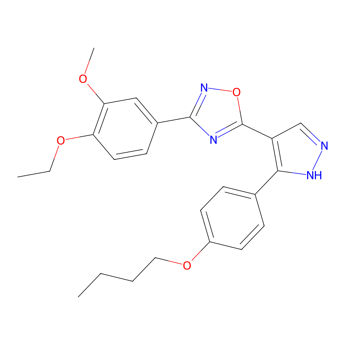 5-[3-(4-butoxyphenyl)-1H-pyrazol-4-yl]-3-(4-ethoxy-3-methoxyphenyl)-1,2,4-oxadiazole molecular structure, CAS 2549055-43-6